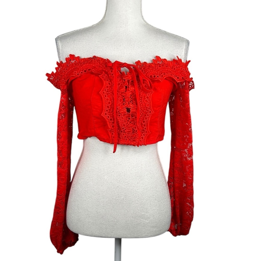 Red Embroidered Floral Hearts Lace Off the Shoulder Lace Up Crop Top Size Large